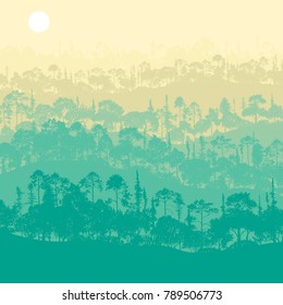 vector landscape with trees, abstract nature background, forest template, hand drawn illustration