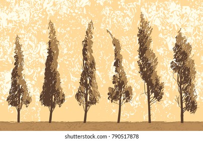 Vector landscape with trees in a field on sky background in grunge style. Seamless pattern of trees with leaves. Drawing pencil abstract sketches of trees
