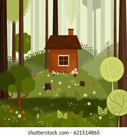 Vector landscape with trees and house