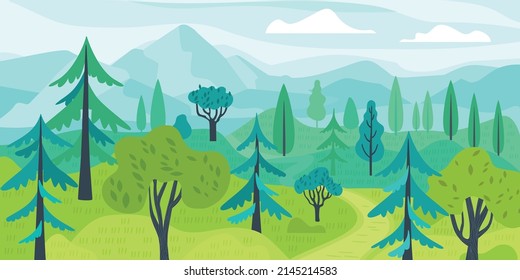 Vector landscape with trees, mountains. Cartoon Natural Landscape. Drawing for poster, cover, postcard, background or banner.
