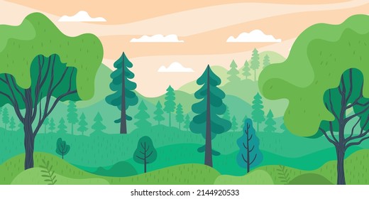 Vector landscape with trees, mountains, fields, leaves. Cartoon Natural Landscape. Drawing for poster, cover, postcard, background or banner.