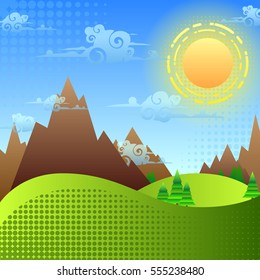 Vector landscape with trees, mountains, hills, grass, sun and clouds