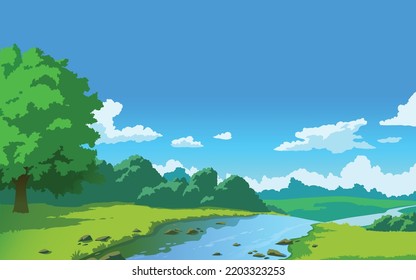 Vector landscape with trees and river, sky and clouds. Anime cartoon style. Background design