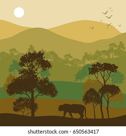 vector landscape with trees and tiger, jungle exotic background for banner or cover design, hand drawn illustration