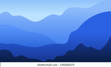 Vector landscape in trendy flat simple style. Nature background with gradient sky, mountains and forest