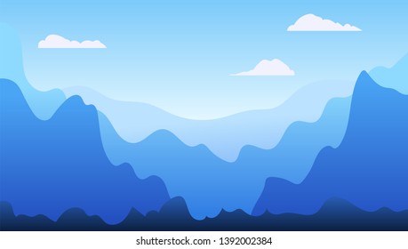 Vector landscape in trendy flat simple style. Nature background with gradient sky, mountains and forest