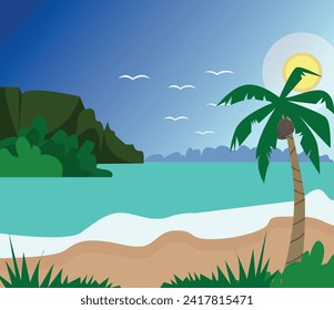 El paisaje vectorial de una playa tropical y palmeras con cocoteros. Atardeceres y amaneceres en los trópicos.