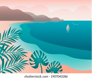 Vector landscape is a tropical sea beach. The blue lagoon has a sailboat and rocks on the horizon