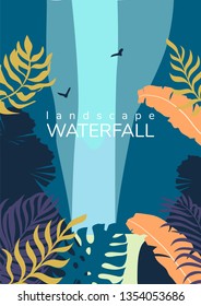 Vector landscape tropical waterfall. Eps 10.