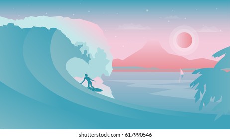 Vector landscape in two gradient colors with big wave and surfer on a surfboard silhouette. Wallpaper, template and splash screen simple flat design.