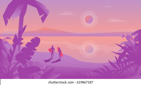 Vector landscape in two gradient colors with two surfers with surfboard silhouettes. Wallpaper, template and splash screen simple flat design.