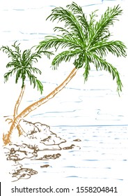 Vector landscape with two tropical palm trees on the island, colored silhouettes isolated on a white background. Coastline, beach and sea. Sketch design, outline style drawing.