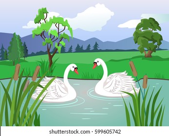 Vector landscape. Two white swans. Couple in love. Lake with beautiful water lilies.