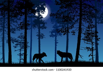 Vector landscape of two wolves in a forest at night with dark blue background and big glowing moon.