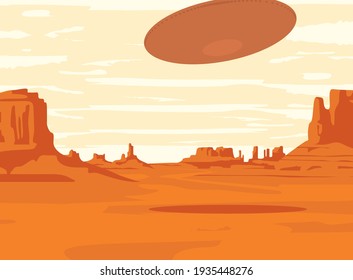 Vector landscape with an UFO flying over the deserted rocky valley. Decorative illustration on the theme of of alien invasion. Western scenery and UFO. Earth landscape and flying saucer in the sky