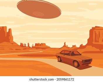 Vector landscape with an UFO flying over the western rocky valley with a single passing car. Decorative illustration on the theme of of alien invasion. Earth landscape and flying saucer in the sky