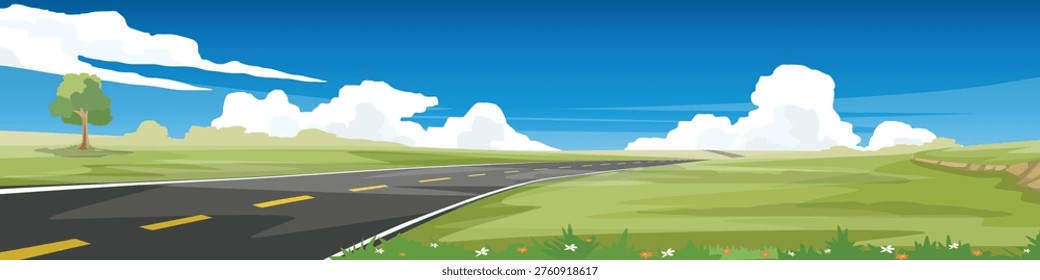 Vector or Landscape view of asphalt road on a curved hill. A low hill rises above a lush green meadow. With alone of tree on hills. Under blue sky and white clouds for banner background.