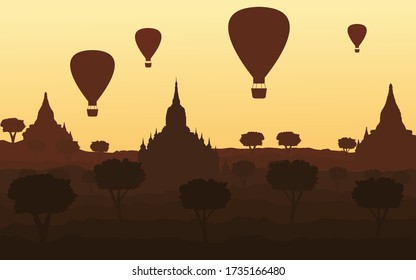 Vector landscape view of  balloon over pagoda in Bagan, popular landmark of Myanmar (Burma).