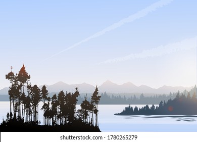 Vector landscape view of nature lake with realistic silhouette of forest trees and mountains in early morning. Beautiful outdoor scene from national park, natural reserve. Summer travel background