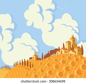vector landscape with village and fields with haystacks and clouds