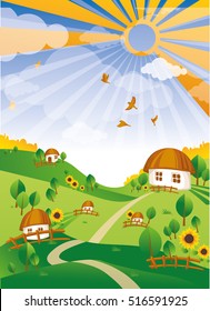 vector landscape. a village in the hills 