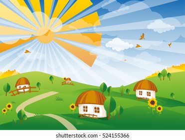 vector landscape. a village in the hills