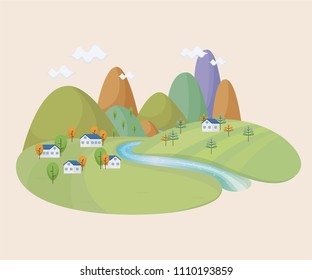 Vector Landscape with Village and River