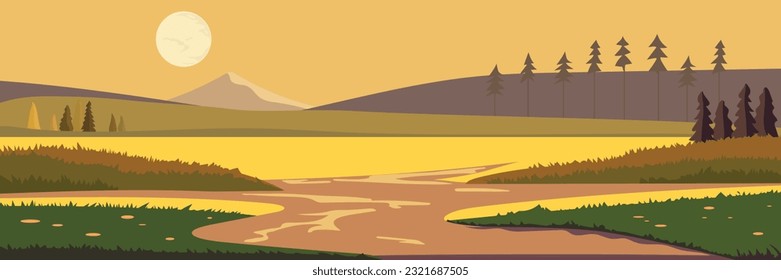 Vector landscape with warm sun. Sunrise over mountains with lake and forest. Red and orange colours. Good morning, new day and positive emotions concept. Illustration.