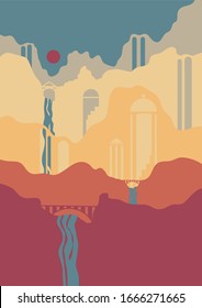 Vector landscape with a waterfall and arches. Color pastels.