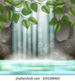 Vector, landscape with waterfall, beautiful nature, river, forest lake, surround leaves, 3D, mesh realistic illustration