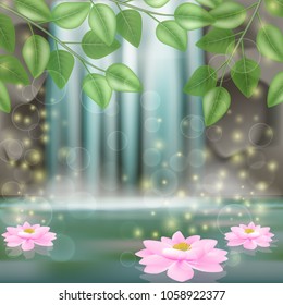 Vector. Landscape with waterfall, lake, lilies Lotus flowers in water, fabulous, magical background.3D, grid, realistic illustration.