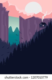 Vector landscape with waterfall, mountains, forest and house. Eps 10.
