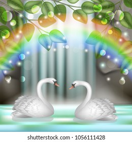 Vector, landscape with waterfall and swans under the rainbow, beautiful forest view, fabulous background, 3D, realistic illustrations.