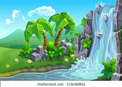 Vector landscape. Waterfall in the tropics.