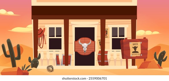 Vector landscape in Western style with a bar with a cow skull and a cowboy hat on a background of sand and cacti. A desert landscape with a sunset background.