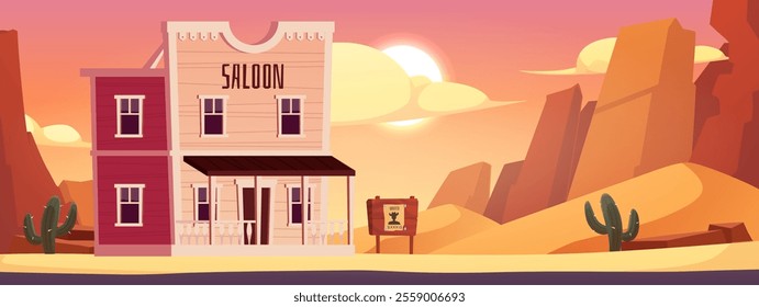 Vector landscape in Western style with a wooden house, a saloon sign on a background of sand and rocks. A desert landscape with cacti and clouds in the morning sun.