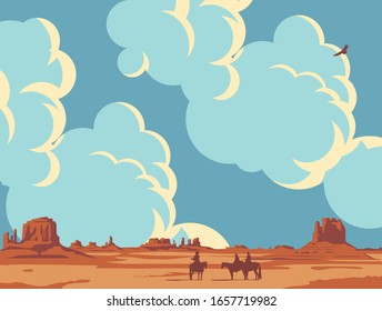 Vector landscape with wild American prairies and silhouettes of cowboys on horseback. Decorative illustration on the theme of the wild West. Western vintage background