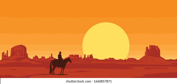 Vector landscape with wild American prairies and silhouette of a cowboy riding a horse at sunset or dawn. Decorative illustration on the theme of the Wild West. Western vintage background