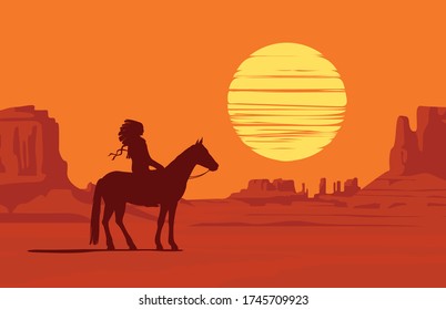 Vector landscape with wild American prairies and silhouette of a lone Indian on horseback at orange sunset or dawn. Decorative illustration on the theme of the Wild West. Western vintage background