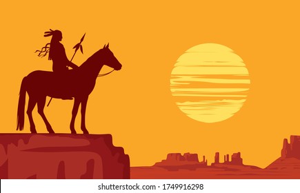 Vector landscape with wild American prairies and silhouette of a lone Indian on horseback with spear at orange sunset. Decorative illustration on the theme of the Wild West. Western vintage background