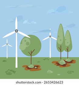 Vector landscape with wind turbines and young trees