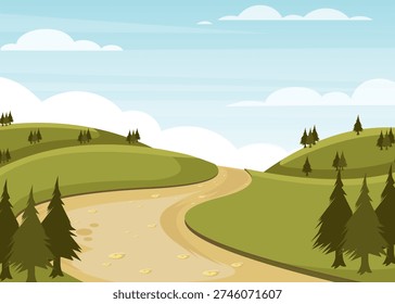 Vector landscape of a winding dirt path across rolling green hills with trees and clouds, calm natural scenery concept. Stock illustration.