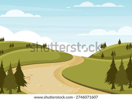 Vector landscape of a winding dirt path across rolling green hills with trees and clouds, calm natural scenery concept. Stock illustration.