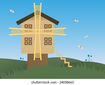 Vector landscape with windmill in countryside