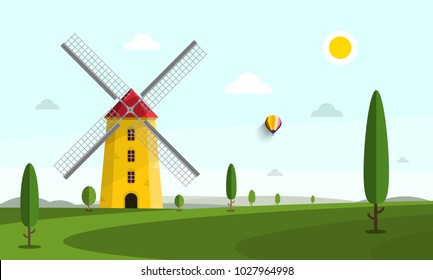 Vector Landscape with Windmill and Trees on Field