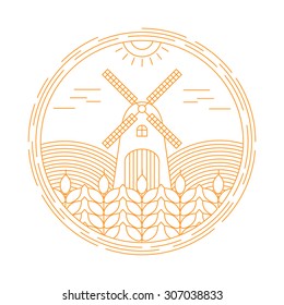 Vector landscape with windmill and wheat ears  in linear style - concept for logo design template (agriculture)