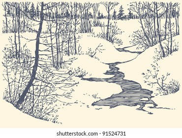 Vector landscape. Winter is not a frozen creek in the forest of young trees