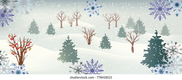 Vector landscape with winter trees, fir-trees, bush with red berries and frame from snowflakes. Snowfall in the forest. Christmas horizontal background