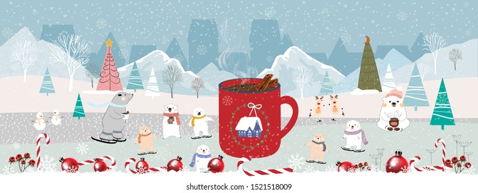 Vector landscape of Winter wonderland at night, Merry Christmas Scene with big mug of hot Chocolate with cinnamon, polar bear family celebrating, drinking coffee and playing ice skates in the park