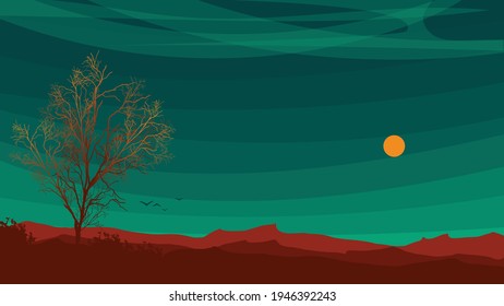 Paisaje vectorial en montañas y árboles coloridos por la noche